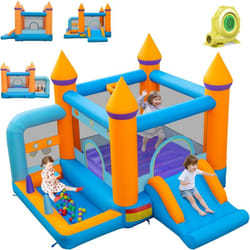Costway - Château Gonflable 5 en 1 avec Toboggan, Maison de Saut Gonflable Intérieur Extérieur avec Piscine à Balles, Panier de Basketball, 50 Balles