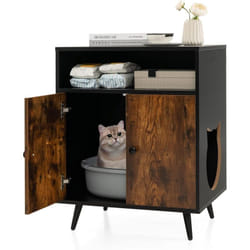 COSTWAY Maison de Toilette pour Chat à Double Portes et 2 Étagères, Meuble Cache Litiere Chat Industriel en Bois avec 4 Pieds en Métal, Dispositif