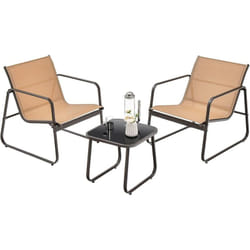 COSTWAY Salon de Jardin 3 Pcs Tissu Respirant et Cadre Métallique Charge 150KG, Ensemble de Meubles de Patio avec Table en Verre Trempé, pour Cour