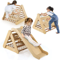 Costway - 4 en 1 Triangle d'escalade Enfant avec Toboggan, Echelle d'escalade en Bois avec Filet, Inclinaison Réglable, Intérieur Extérieur, Charge