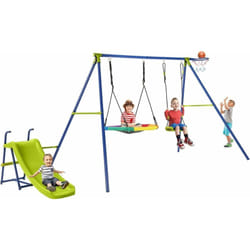 Costway - Portique de Balançoire 4 en 1 avec Toboggan & Panier de Basket, Balançoire Nid d'Oiseau Ø82 cm et en u avec Hauteur Réglable, Charge 50kg