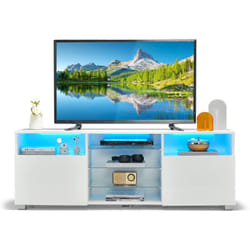 Costway - Meuble tv avec Éclairage led 20 Couleurs, Banc tv avec 2 Placards, 2 Compartiments et Étagères Vitrées, Meuble pour tv 60', Trous de