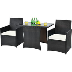 Ensemble de Meubles de Patio 3 Pcs en Rotin pe Charge 160KG, Salon de Jardin avec Coussins Plateau de Table en Verre Trempé, pour Jardin Bord de