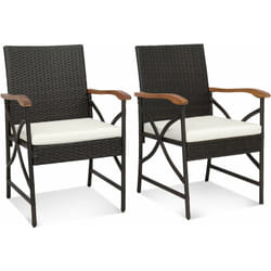 Costway - Fauteuil de Jardin Éxterieur Lot de 2 avec Coussins, Chaise Jardin Exterieur en Rotin pe avec Accoudoirs en Bois, Cadre en x, Hauteur