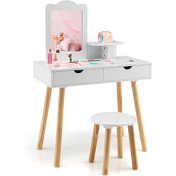 Costway - Coiffeuse 2 en 1 pour Enfants avec Tabouret Mignon, Table de Maquillage en Bois pour Enfants avec Miroir Rectangulaire et 2 Grands Tiroirs,