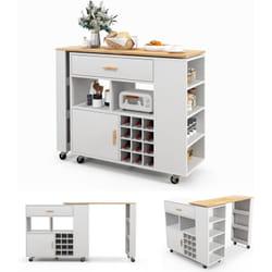 Costway - Ilot Central de Cuisine2 en 1, Meuble de Bar, Desserte sur roulettes avec Plans de Travail en Bois d'Hévéa, Étagère Réglable, Casier à Vin