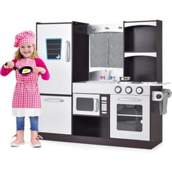 Cuisine Enfant en Sapin avec Tableau Noir & Rideau, Cuisiniere Enfants avec Lumière & Effet Sonore, Réfrigérateur & Four, Jeu de Cuisine pour Enfant