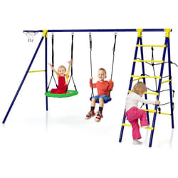 Costway - 5 en 1 Balançoire Enfants Extérieur avec Panier de Basket, Balançoire Nid d'Oiseau Ø66 cm et en u avec Hauteur Réglable, Filet & Echelle