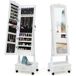 COSTWAY Armoire à Bijoux à Roulettes, Organisateur de Bijoux Verrouillable Réglable à 3 Positions, Tiroirs, Miroir Pleine Longueur pour Salon,