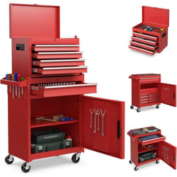 COSTWAY Servante d’Atelier à Outils 4 Tiroirs Compartiment Amovible Etagère Réglable Planche à Outils Roues Verrouillable Rouge