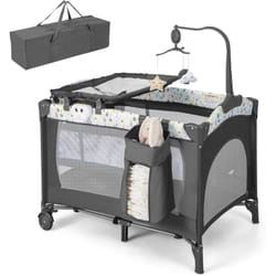 COSTWAY 4 en 1 Lit Parapluie Bébé avec Matelas & Table à Langer, Lit Bébé Evolutif avec 3 Jouets Mignons & Boîte à Musique, Sac de Transport,