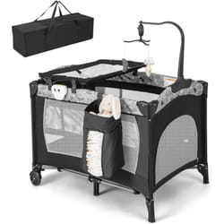 Costway - 4 en 1 Lit Parapluie Bébé avec Matelas & Table à Langer, Lit Bébé Evolutif avec 3 Jouets Mignons & Boîte à Musique, Sac de Transport,