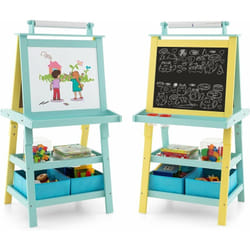 Costway - Chevalet pour Enfants 3 en 1 Tableau de Dessin Magnétique Double Faces (Tableau Blanc/Noir) avec Rouleau de Papier, 2 Etagères, 2 Boîtes de