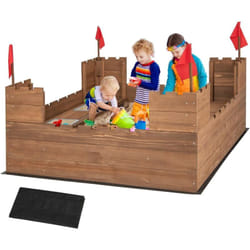 Costway - Bac à Sable en Bois Enfants 113 x 116cm avec 2 Bancs, Boîte à Sable sur Thème du Château avec 2 Boîte Amovibles & Drapeaux, Capacité de