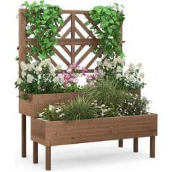 Costway - Jardinière 2 Niveaux avec Treillis en Bois de Sapin avec Trou de Drainage, Bac à Fleurs pour Plante Grimpante, Lit de Jardin Résistance aux