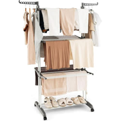 Tendoir Linge 3 Niveaux, Sechoir à Linge Pliable à roulettes en Métal, Tancarville Linge Solide avec 2 Porte-cintres, Porte-Chaussures, Seche Linge
