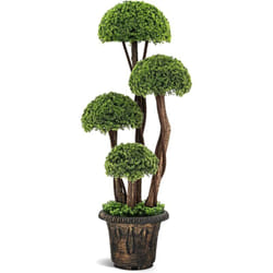 Arbre Artificiel en Cèdre 90 cm avec 4 Boules de Cèdre, Faux Cyprès Topiaire avec Tronc en Rotin Pot Rempli de Ciment, pour Décoration de Maison