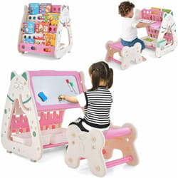 Costway - 3 en 1 Table Enfant/Chevalet Enfant Magnétiqueavec Tabouret Réglable en Hauteur, Bibliothèque Enfant avec Tableau Effaçable à Sec, 2 Boîtes