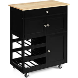 Costway - Desserte de Cuisine à roulettes, Rangement Cuisine Plateau en Bois d'Hévéa, Tiroir, Porte-Bouteilles à 3 Niveaux et 2 Placards, Idéal pour