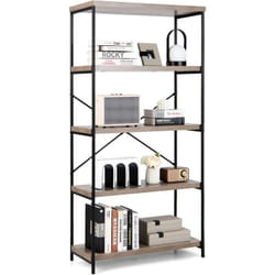 Costway - Bibliothèque Étagère à 5 Niveaux, Bibliothèque Industrielle en Bois avec Cadre en Métal, Dispositif Anti-Basculement, pour Salon, Bureau