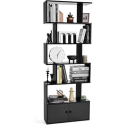 Costway - Bibliothèque avec 5 Etagères en Forme de s, Étagère de Rangement avec Compartiments 2 Portes pour Salon, Bureau, Chambre, 70 x 23 x 183 cm,