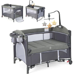 Costway - 5 en 1 Lit Parapluie Bébé avec Matelas et Table à Langer, Lit Bébé Evolutif avec 4 Hauteur Réglables, Musique et Jouets Suspendus,