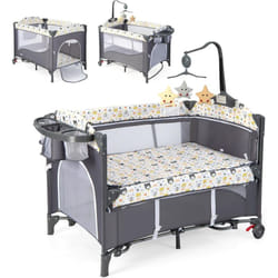 Costway - 5 en 1 Lit Parapluie Bébé avec Matelas et Table à Langer, Lit Bébé Evolutif avec 4 Hauteur Réglables, Musique et Jouets Suspendus,
