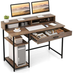 COSTWAY Bureau d'Ordinateur avec Étagère pour Moniteur, Bureau Informatique avec Tiroir de Rangement et 2 Étagères Ouvertes, Support UC, Style