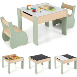 Costway - 4 en 1 Table Enfants avec 2 Chaises en Forme d'Eléphant, Table et Chaises en Bois avec Tableau Amovible, Espace de Rangement, Bureau pour