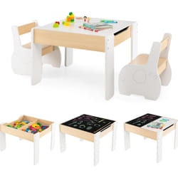 Costway - 4 en 1 Table Enfants avec 2 Chaises en Forme d'Eléphant, Table et Chaises en Bois avec Tableau Amovible, Espace de Rangement, Bureau pour
