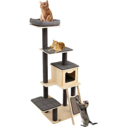 Costway - Arbre à Chat de 175 cm en Bois Naturel, Centre d'Activités pour Chat avec Griffoir et Poteaux en Sisal, Tour à Chat avec Condo Confortable