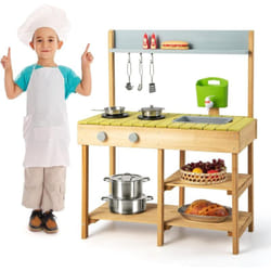 Costway - Cuisine Enfants en Bois avec Réservoir à Eau 700 ml & Robinet, Jeu de Cuisine Enfants avec Bouton Rotatif, Etagère Amovible, Jouet de
