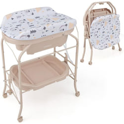 Costway - Table à Langer 2 en 1 avec Baignoire 20L Plateau de Rangement, Commode à Langer Pliable Couches Étanches Roue Universelle à Frein Charge