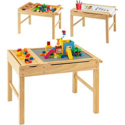 Costway - 2 en 1 Table de Blocs de Construction Enfants avec Plateau Réversible, Table Multi-activités en Bois avec Rouleau de Papier, Espace de