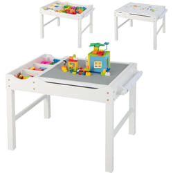 COSTWAY 2 en 1 Table de Blocs de Construction Enfants avec Plateau Réversible, Table Multi-activités en Bois avec Rouleau de Papier, Espace de