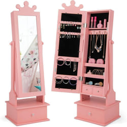 Costway - 2 en 1 Armoire à Bijoux Enfants avec Miroir, Organisateur à Bijoux en Forme Couronne avec 3 Tiroirs, 2 Angles d'Inclinaison(90°/94°),