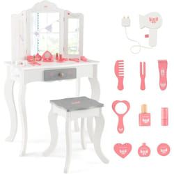 Costway - 2 en 1 Coiffeuse Enfants avec Tabouret & Miroir Détachable à 3 Volets, Table de Maquillage en Motif Couronne avec 10 Jouets d'Habillage,
