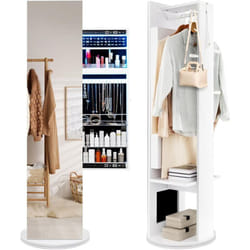 COSTWAY Armoire à Bijoux Pivotante à 360°, Miroir Autoportant Pleine Longueur avec Rangement pour Bijoux, Étagères, Porte-Manteau, Lumières LED 3