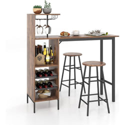 COSTWAY Table Haute Cuisine avec Tabouret, Mange Debout Industriel avec Porte-Verre Porte-Bouteilles, Table Bar avec Tabouret 2 Personnes Compact