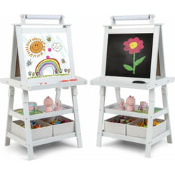 Costway - Chevalet pour Enfants 3 en 1 Tableau de Dessin Magnétique Double Faces (Tableau Blanc/Noir) avec Rouleau de Papier, 2 Etagères, 2 Boîtes de