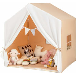 Costway - Tente de Jeu Enfants avec Tapis en Coton, Cabane Enfants Intérieur Extérieur avec Bannière de Drapeau, Cadre en Bois, Tente pour 2-3