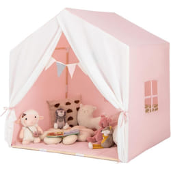 Costway - Tente de Jeu Enfants avec Tapis en Coton, Cabane Enfants Intérieur Extérieur avec Bannière de Drapeau, Cadre en Bois, Tente pour 2-3