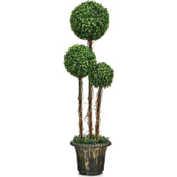 Arbre Artificiel Arbuste avec Feuilles à l'aspect Authentique 115 cm, Fausse Plante 3 Boules en Pot avec Rotin Véritable Résistance aux uv et l'eau