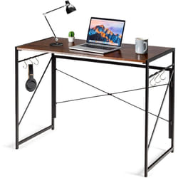 Costway - Bureau d'Ordinateur Pliant 100 x 50 cm, Table de Bureau Cadre en Métal, 6 Crochets en Forme de s, Charge 115kg Style Industriel/Moderne