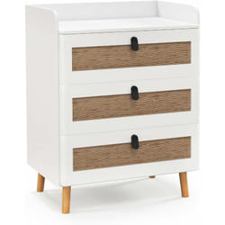 Costway - Commode 3 Tiroirs, Commode Chambre Adulte Pieds en Bois Massif, Poignée Noir Design, Tiroir en Rotin Bohème, Petite Commode Scandinave,