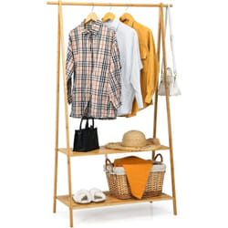 Portant à Vetement en Bambou, Penderie Vetement Tringle 101cm, 2 Étagères, Porte Vetement Solide pour Chambre, Buanderie, Jaune - Costway