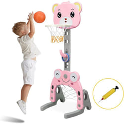 Costway - Panier de Basket Enfants 3 en 1 avec Hauteur Ajustable 133-158cm, Support de Basket Solide avec Motif de Ours et Grenouille, Anneau