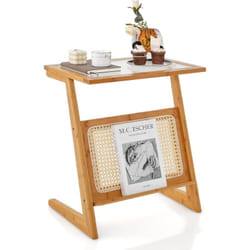 Costway - Table d'Appoint Bohême avec Porte-Revues en Rotin, Bout de Canape en Bambou avec Plateau en Verre Trempé, Petite Table d'Appoint Salon, 50
