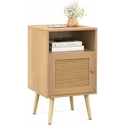 Costway - Table de Chevet avec à Porte Cannage et Pieds en Bois Massif, Table de Nuit Bohême, Fermeture Silencieuse, Table d'Appoint ave pour Salon,