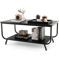 Table Basse Salon Double Plateau Effet Marbre, Table Salon Rectangulaire Moderne, Cadre en Métal, 105 x 55 x 46,5 cm (Noir) - Costway